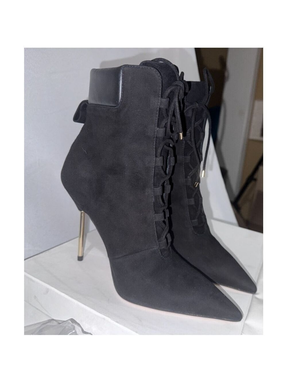 Good American Shoes Womens 7.5 Black Suede Booties Stiletto Heel Boots GA012K-E - Picture 3 of 12